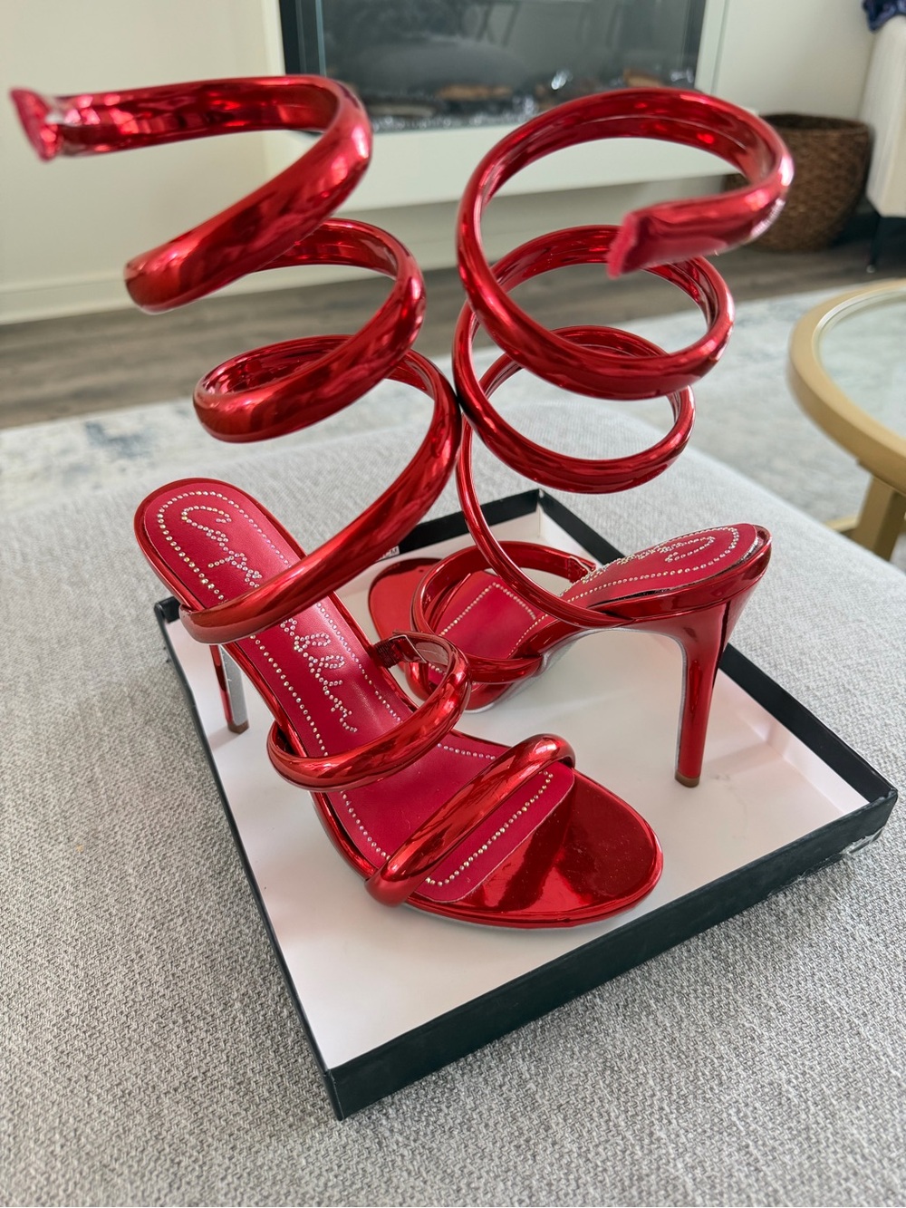 Cape Robbin Metallic Red Spiral Wrap Stiletto Sandals